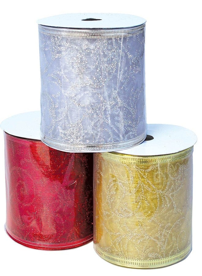 OLYPHAN Christmas Ribbon for Gift Wrapping Ribbons Wired 1.5 Inch Set of Ribbon Wire Red Green Silver Sheer Organza Glitter Gift Wrap Xmas Tree Decoration Holiday Craft (red Gold Silver, 2.5 Inch Wide) - Image 2